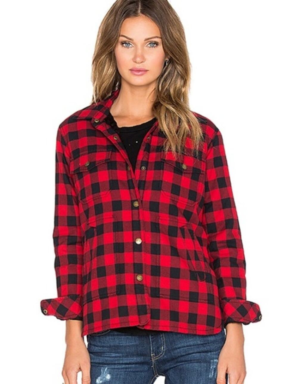 Current/Elliott Plaid Sherpa Jacket Red Black Buffalo Check Women's 1/US 4